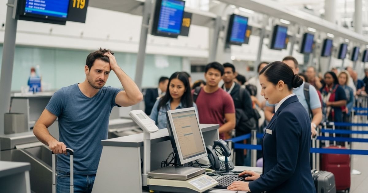 Passageiro no aeroporto conhecendo seus direitos overbooking após ter voo negado.