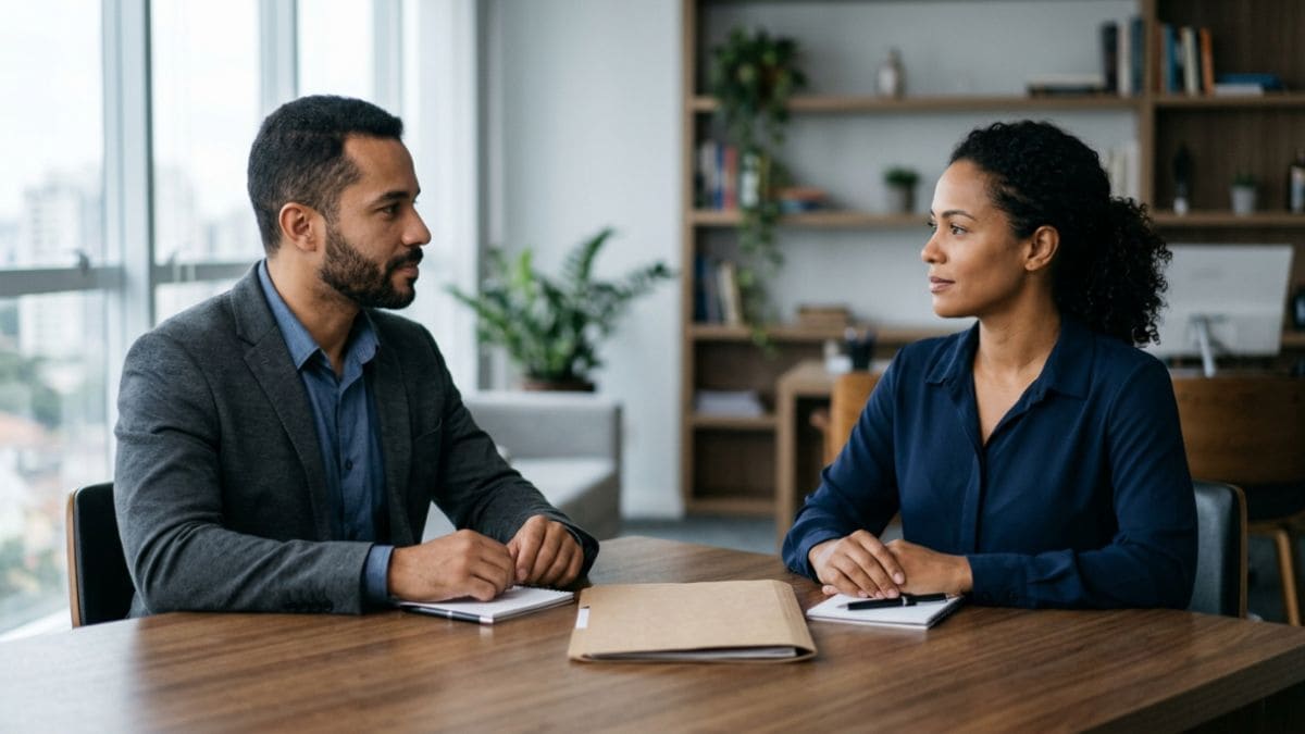 Casal em reunião de escritório discutindo os termos de um divórcio consensual.