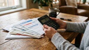 Pessoa calculando o valor da pensão alimentícia com calculadora e contas domésticas.