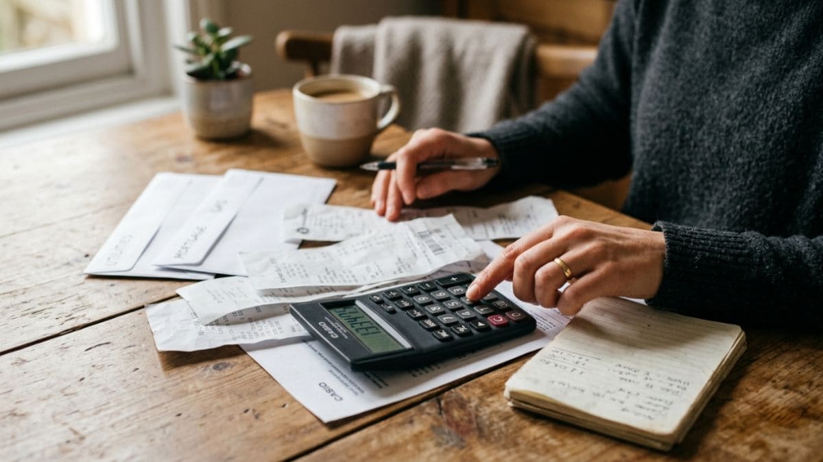 Detalhe de calculadora, recibos e anotações usados no cálculo da pensão alimentícia.