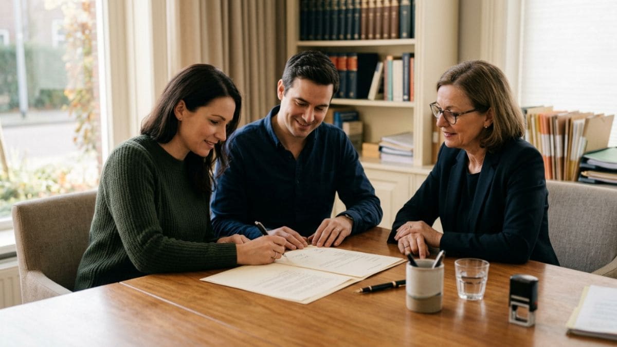 Casal assinando escritura pública de união estável com a tabeliã em cartório.