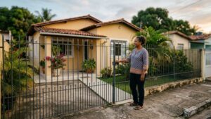 Mulher em frente à casa que ocupa há anos, representando o imóvel passível de usucapião extrajudicial.