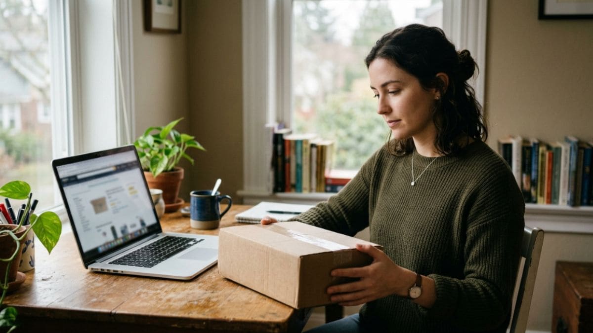 Consumidora avaliando produto comprado online antes de decidir pelo direito de arrependimento