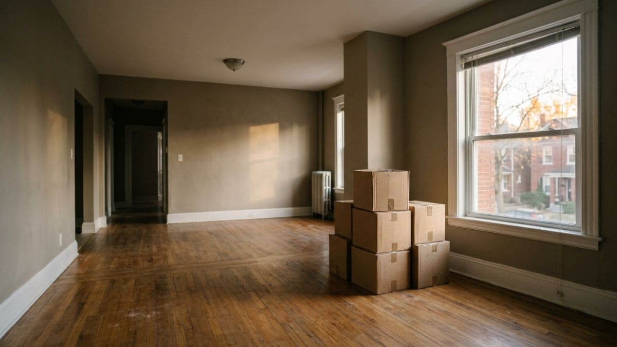 Apartamento desocupado com caixas de mudança após rescisão do contrato de aluguel